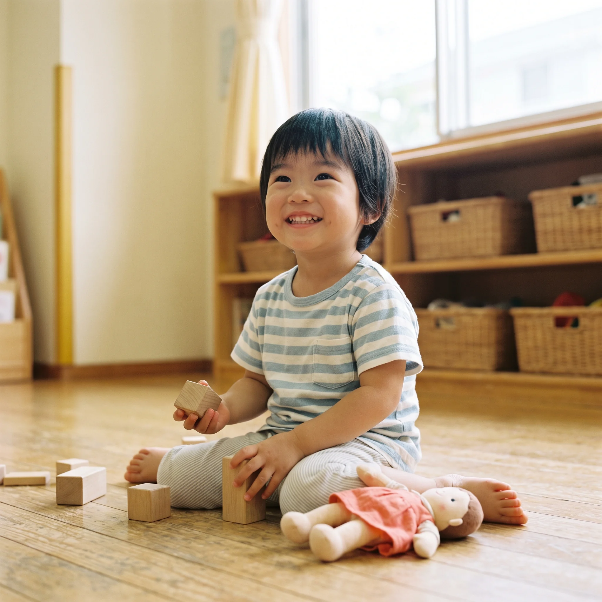 積み木で遊ぶ子どもの笑顔