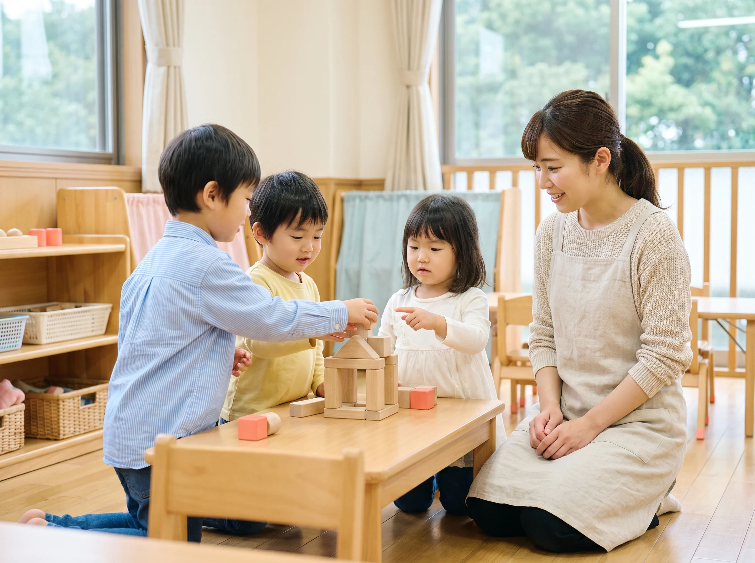 保育士と子どもたちが積み木で遊ぶ様子