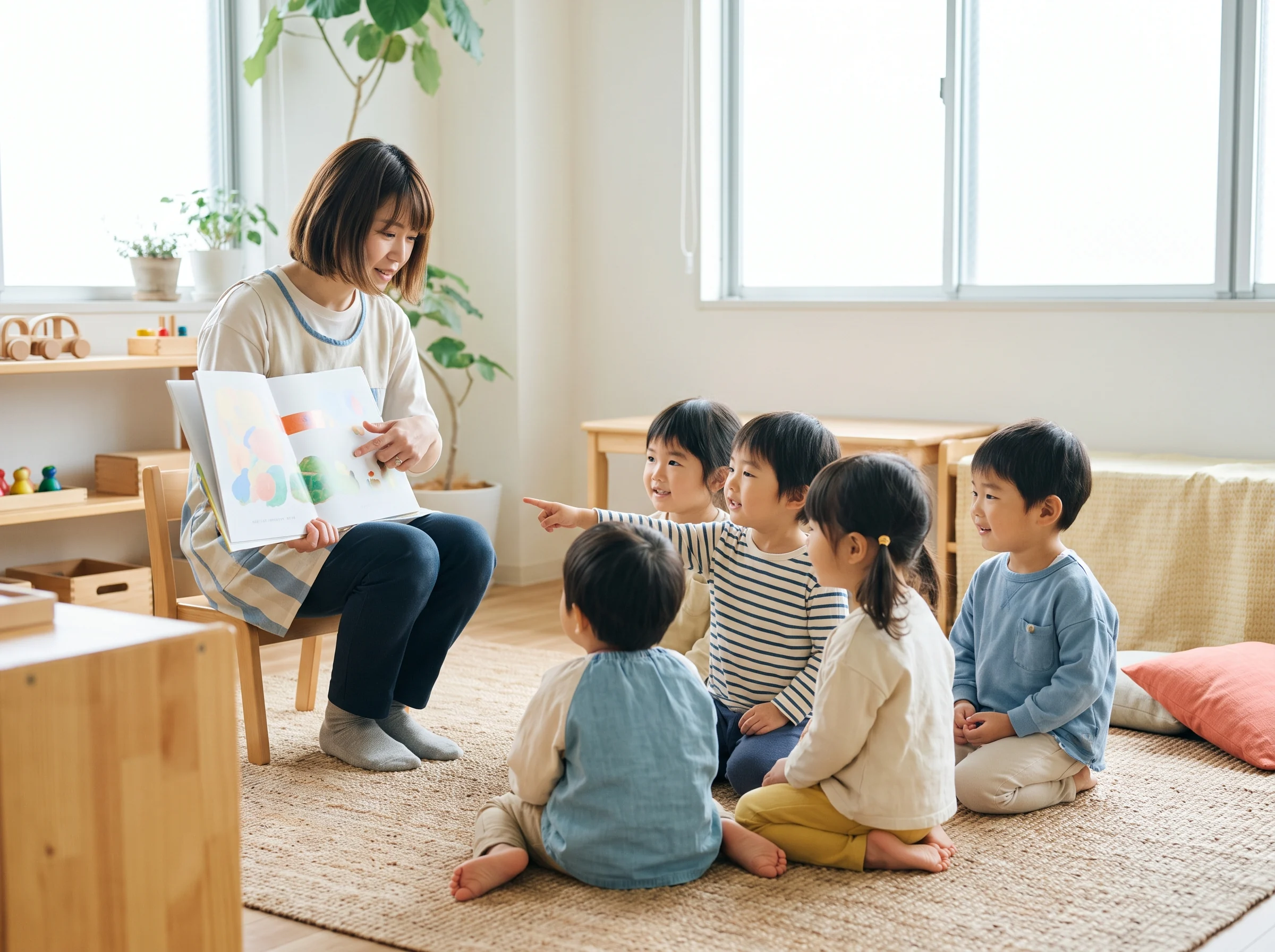 保育士が子どもたちに絵本を読み聞かせる様子