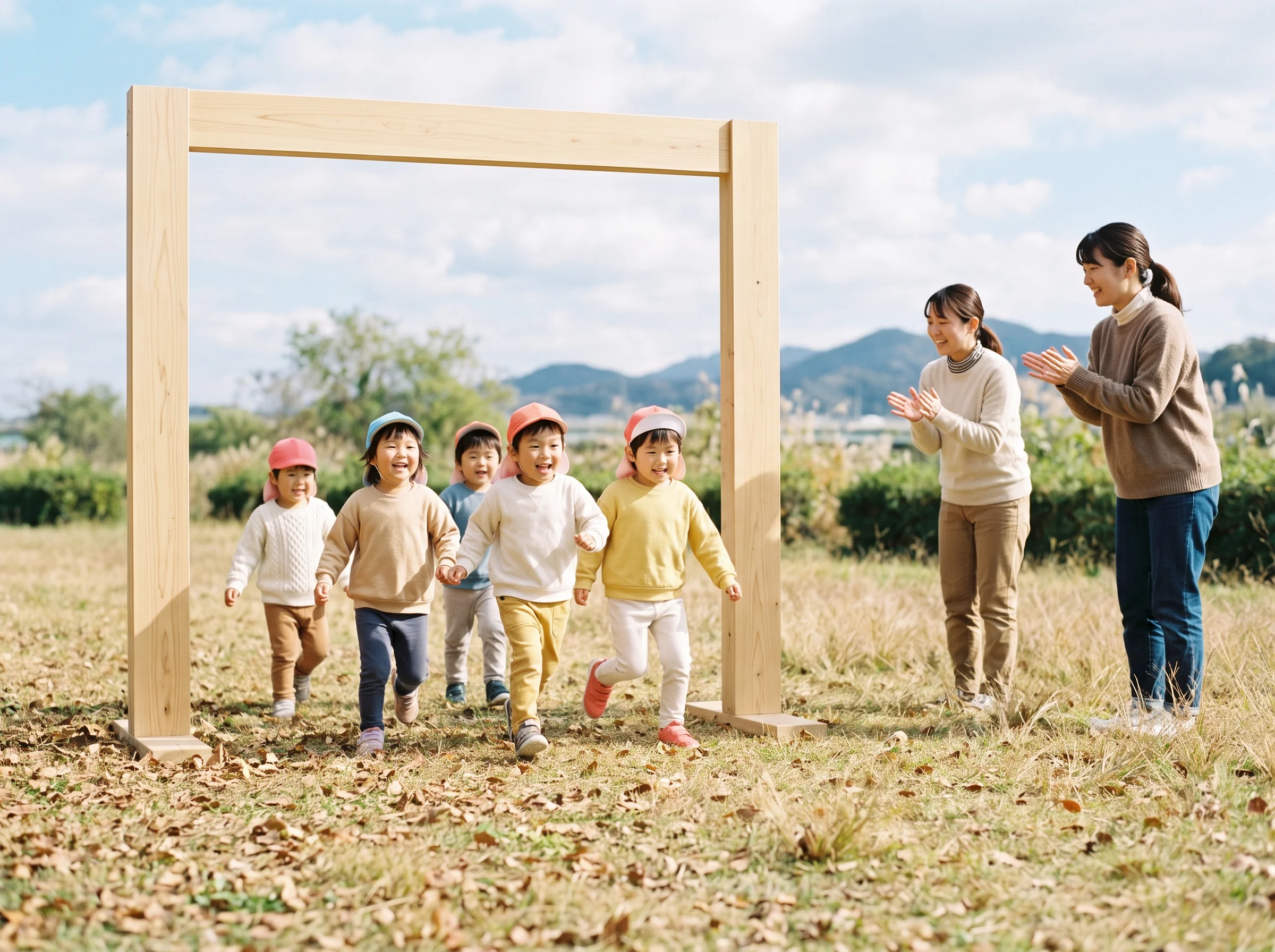 運動会で走る子どもたちを保育士が応援する様子
